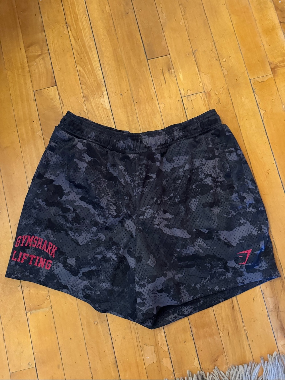 Gymshark Black Camo Performance Lifting Shorts with Red Accents